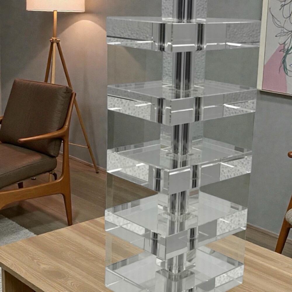 Y2K MCM Acrylic Lucite/Glass Geometric Clear Block Stacked 17.5” Table Lamp READ